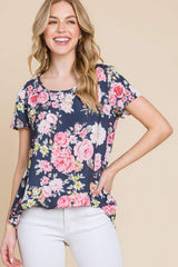 BOMBOM Floral Round Neck Short Sleeve T-Shirt - Trendsi - Flyclothing LLC