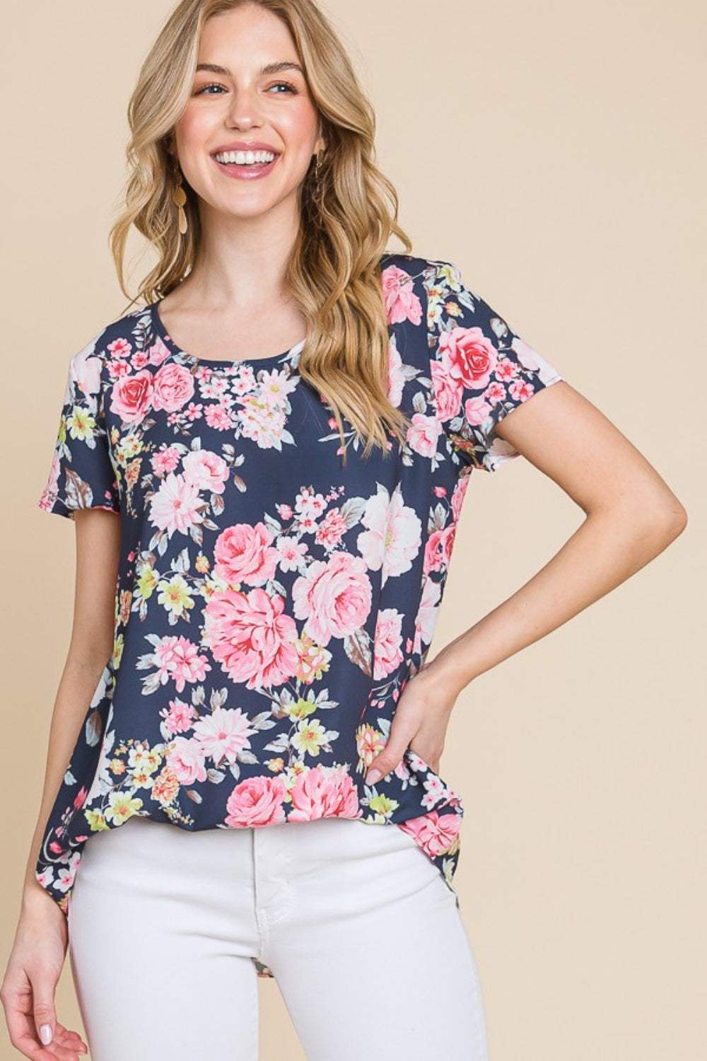 BOMBOM Floral Round Neck Short Sleeve T-Shirt - Trendsi - Flyclothing LLC
