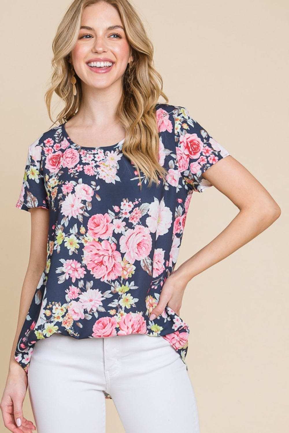 BOMBOM Floral Round Neck Short Sleeve T-Shirt - Trendsi - Flyclothing LLC