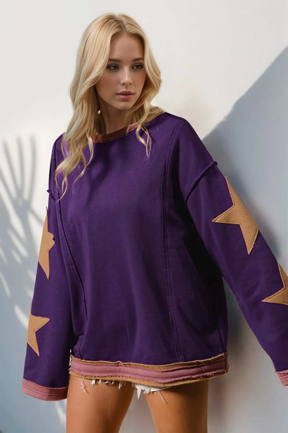 Double Take Star Patched Long Sleeve Sweatshirt - Trendsi - Flyclothing LLC