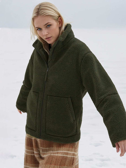 Turtleneck Zip Up Long Sleeve Plush Jacket - Trendsi - Flyclothing LLC