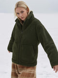 Turtleneck Zip Up Long Sleeve Plush Jacket - Trendsi