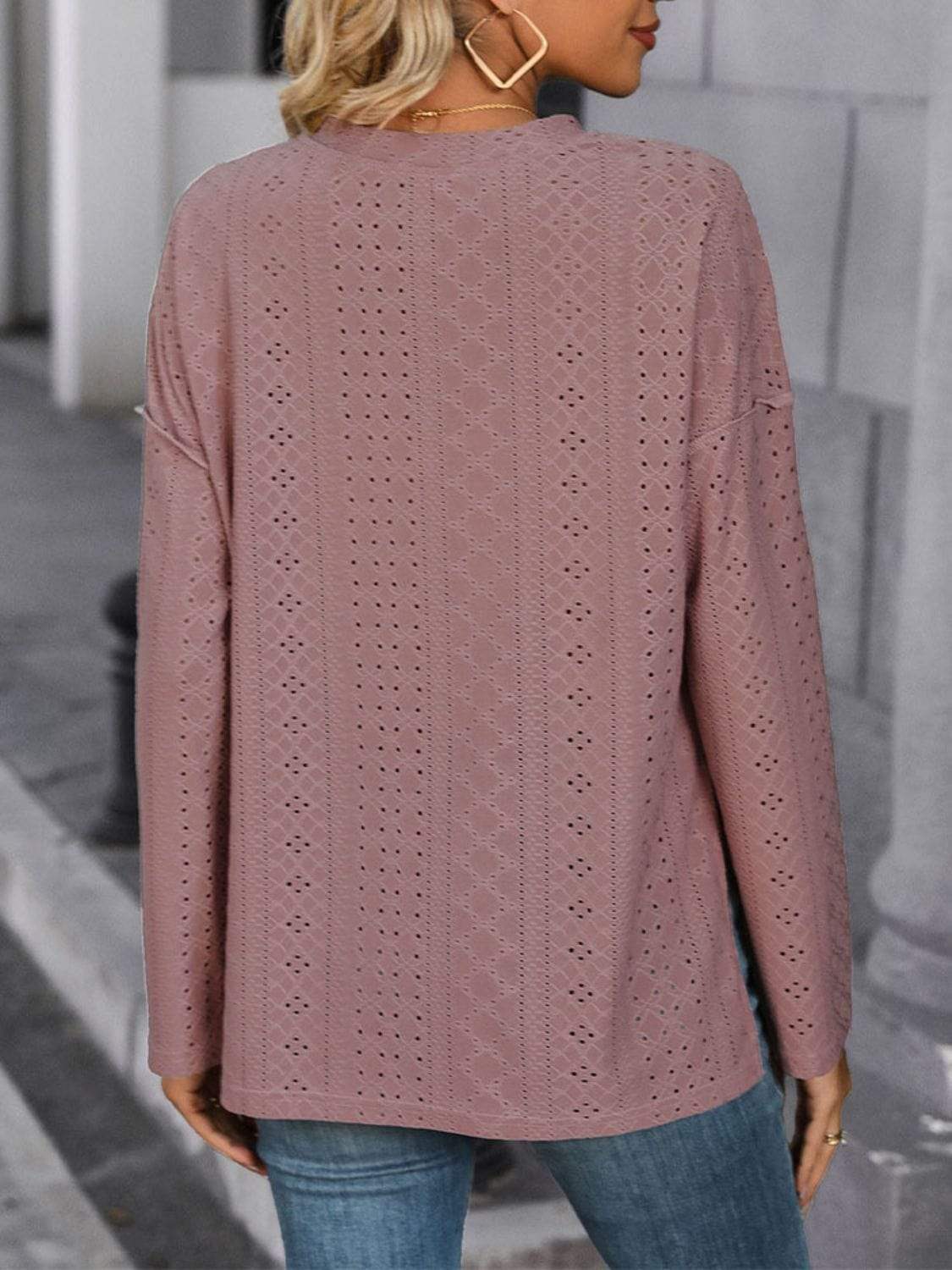Eyelet Round Neck Long Sleeve Top - Trendsi - Flyclothing LLC
