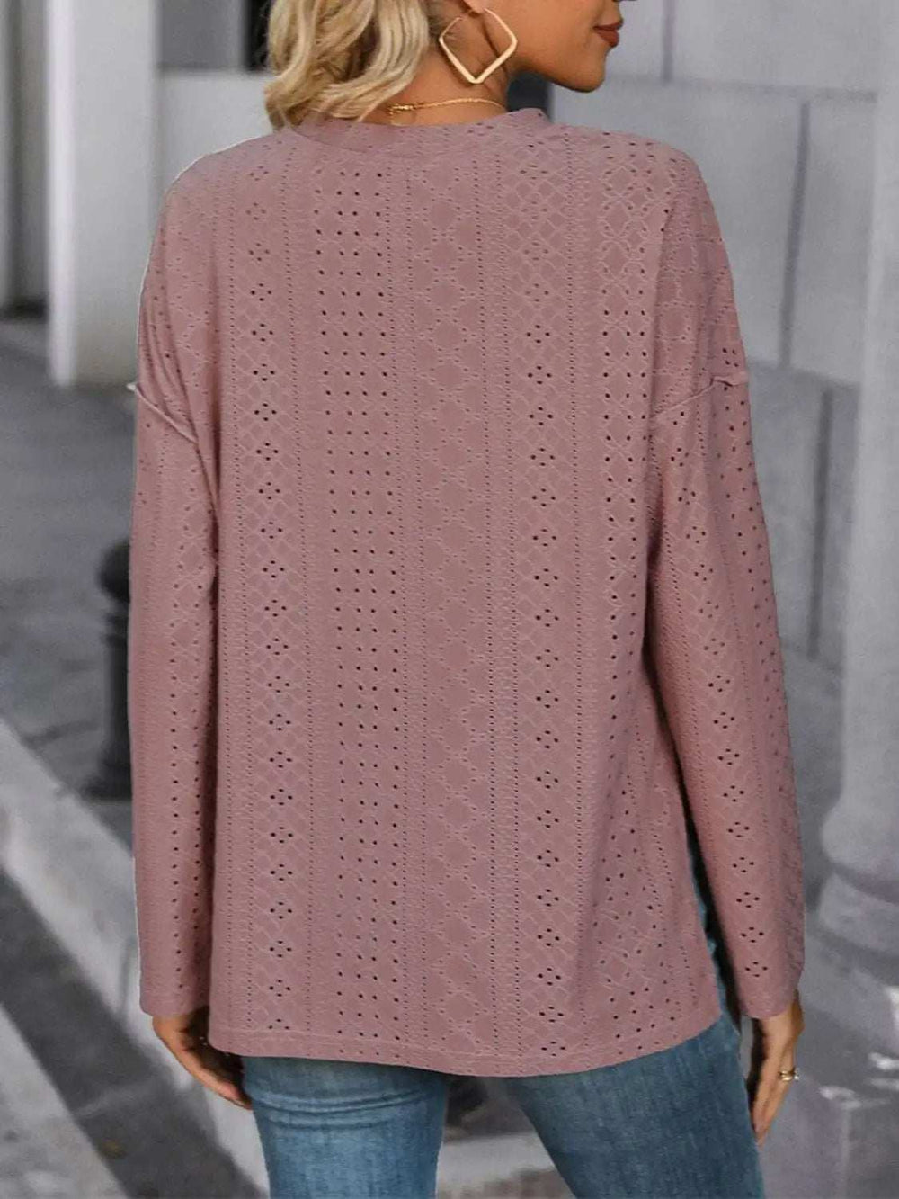 Eyelet Round Neck Long Sleeve Top - Trendsi - Flyclothing LLC