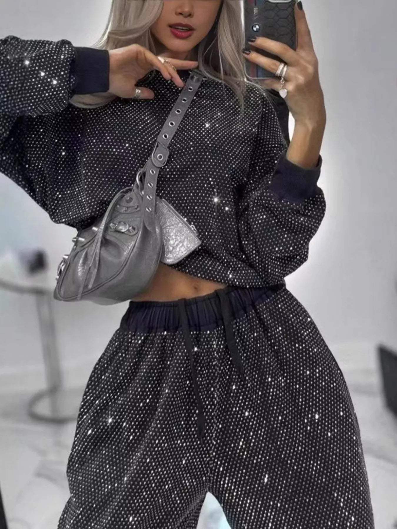 Rhinestone Long Sleeve Top and Pants Set - Trendsi - Flyclothing LLC