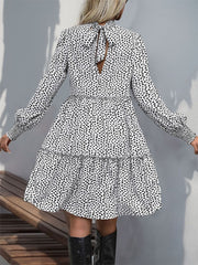 Frill Printed Mock Neck Long Sleeve Mini Dress - Trendsi