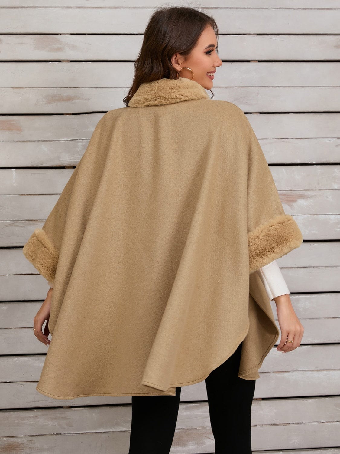 Fuzzy Trim Long Sleeve Poncho - Trendsi