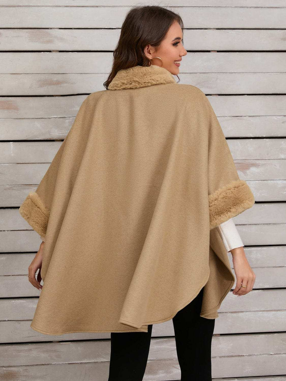 Fuzzy Trim Long Sleeve Poncho - Trendsi - Flyclothing LLC