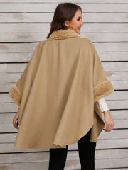 Fuzzy Trim Long Sleeve Poncho - Trendsi