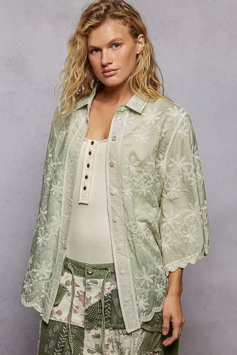 POL Embroidered Floral Collared Neck Shirt with Scalloped Edges - Trendsi - Flyclothing LLC