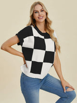 Double Take Full Size Checkered Round Neck Short Sleeve Sweater - Trendsi - Flyclothing LLC