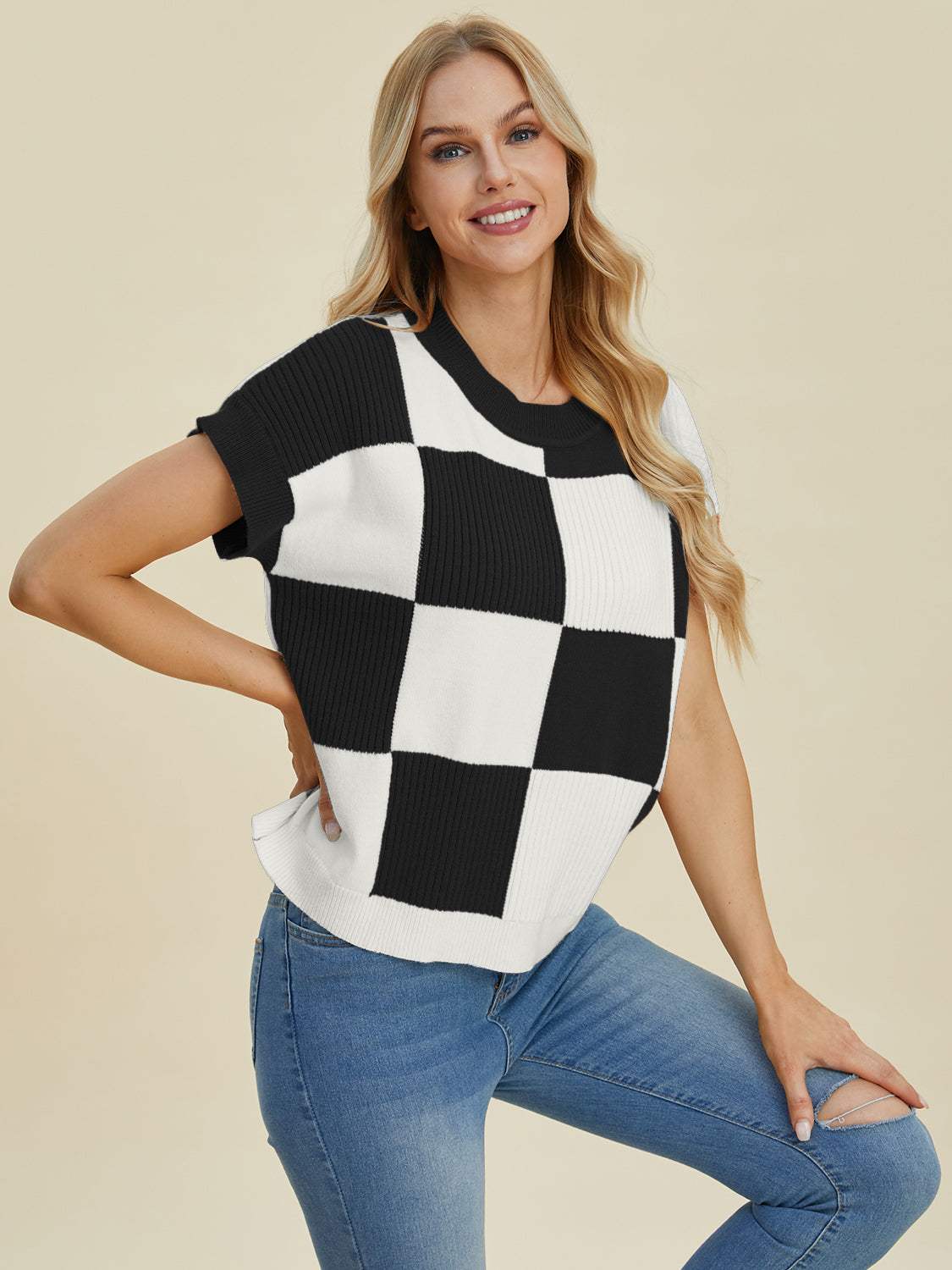 Double Take Full Size Checkered Round Neck Short Sleeve Sweater - Trendsi - Flyclothing LLC
