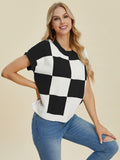 Double Take Full Size Checkered Round Neck Short Sleeve Sweater - Trendsi