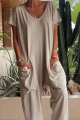 Full Size Casual V-Neck Short Sleeve Jumpsuit with Pockets Plus Size - Trendsi - Flyclothing LLC
