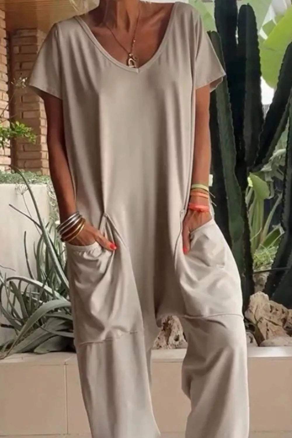 Full Size Casual V-Neck Short Sleeve Jumpsuit with Pockets Plus Size - Trendsi - Flyclothing LLC