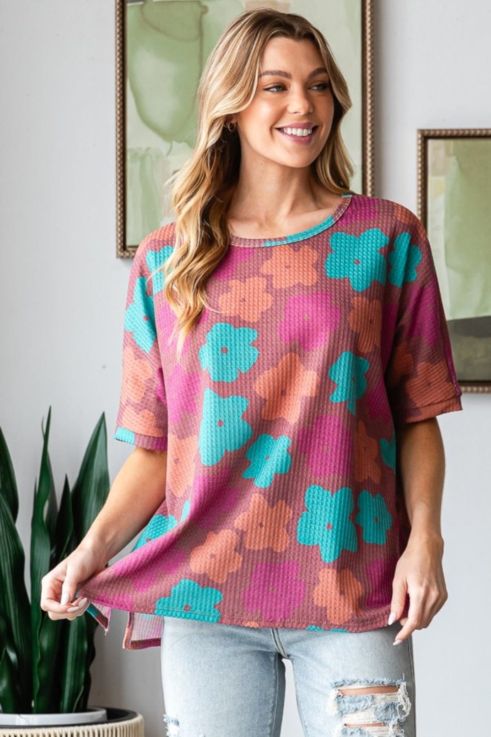 HOPELY Full Size Floral Round Neck Side Slit T-Shirt - Trendsi