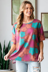 HOPELY Full Size Floral Round Neck Side Slit T-Shirt - Trendsi