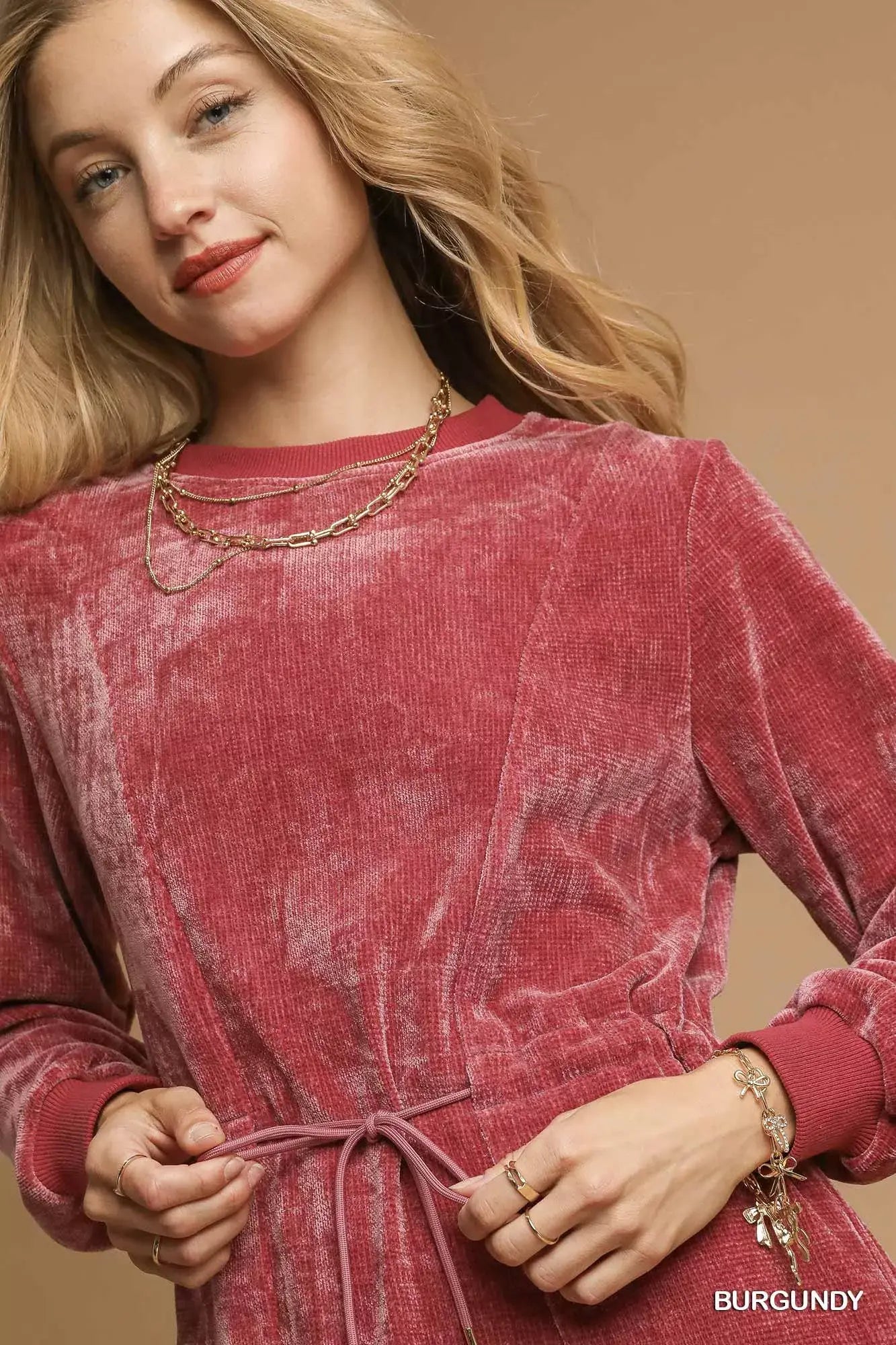 Umgee Velour Drawstring Mini Dress with Long Sleeves - Trendsi - Flyclothing LLC