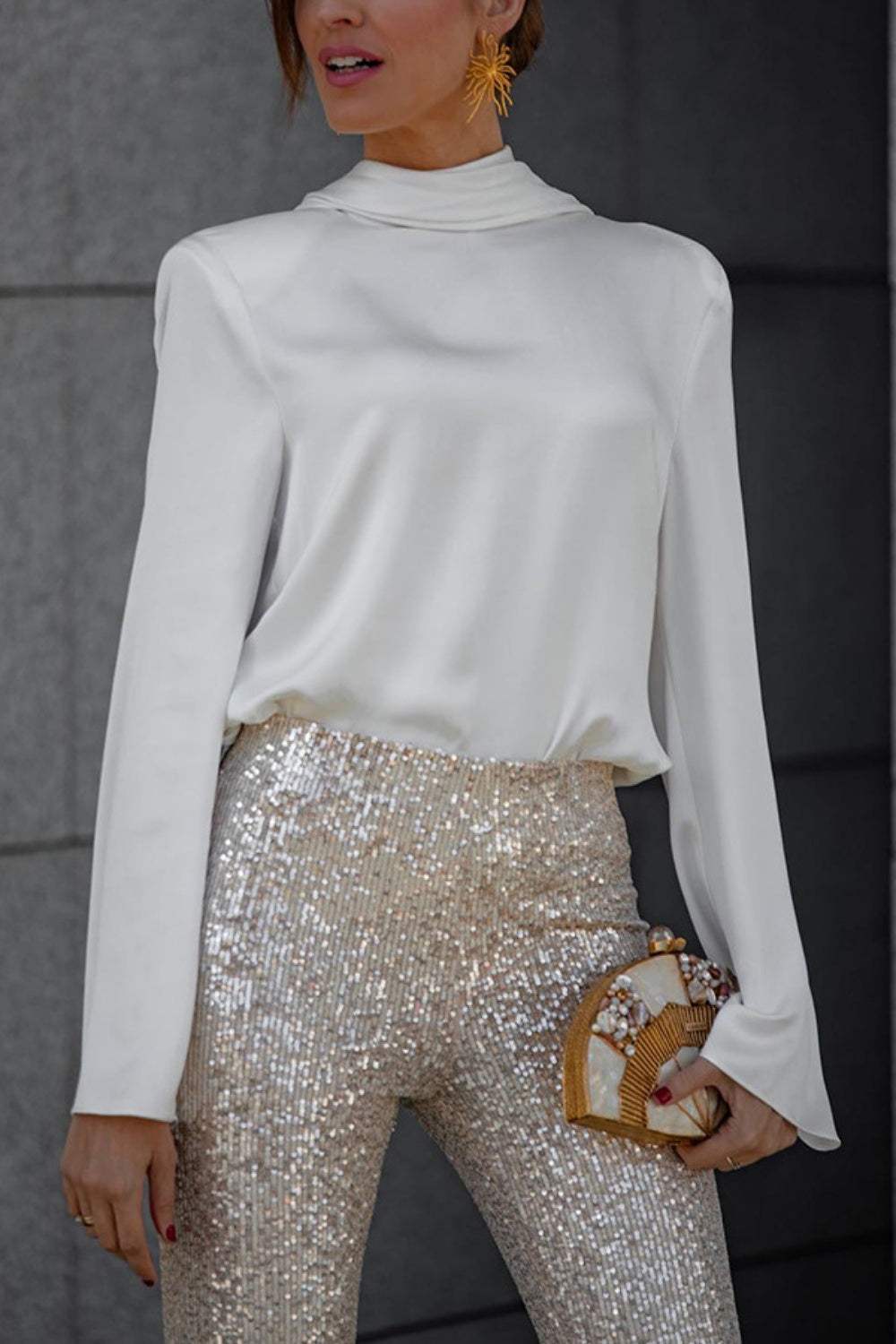 Backless Cowl Neck Long Sleeve Blouse - Trendsi - Flyclothing LLC