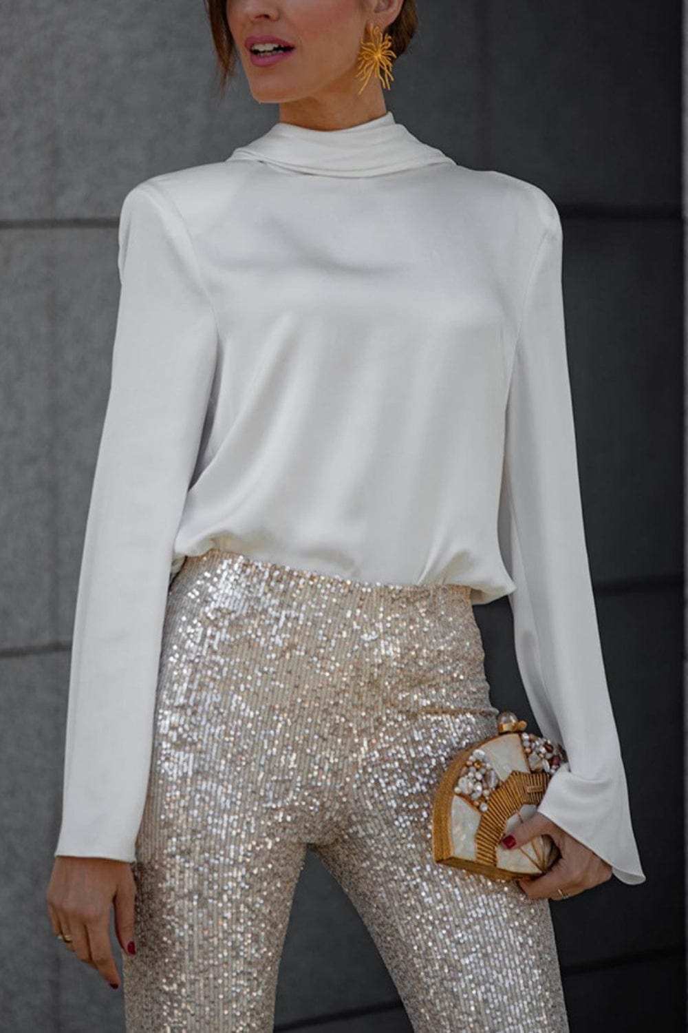 Backless Cowl Neck Long Sleeve Blouse - Trendsi - Flyclothing LLC