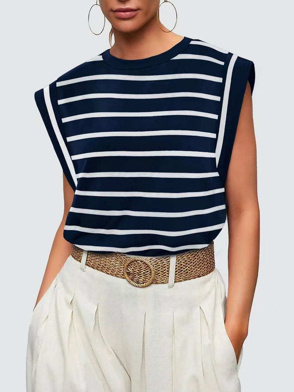 Florira Striped Round Neck Cap Sleeve T-Shirt - Trendsi - Flyclothing LLC