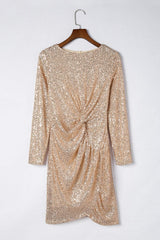 Sequin Knot Round Neck Long Sleeve Mini Dress - Trendsi - Flyclothing LLC