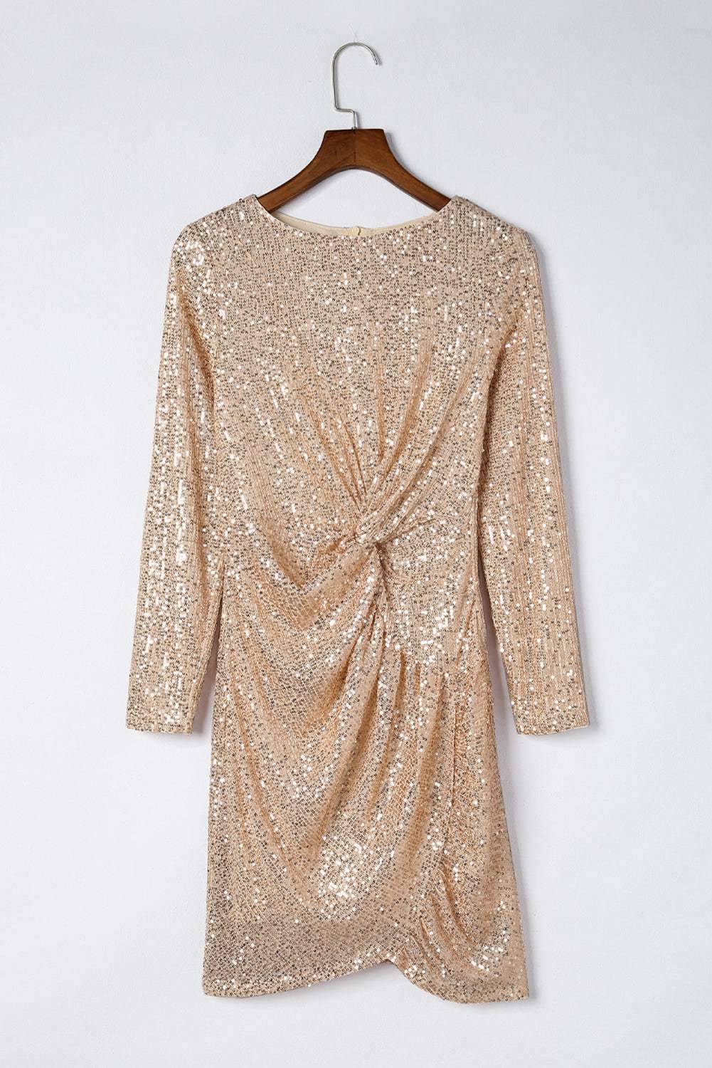 Sequin Knot Round Neck Long Sleeve Mini Dress - Trendsi - Flyclothing LLC