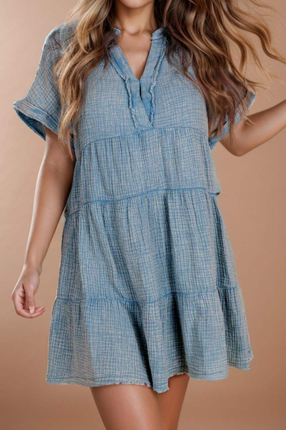 Tiered Notched Short Sleeve Dres - Trendsi - Flyclothing LLC