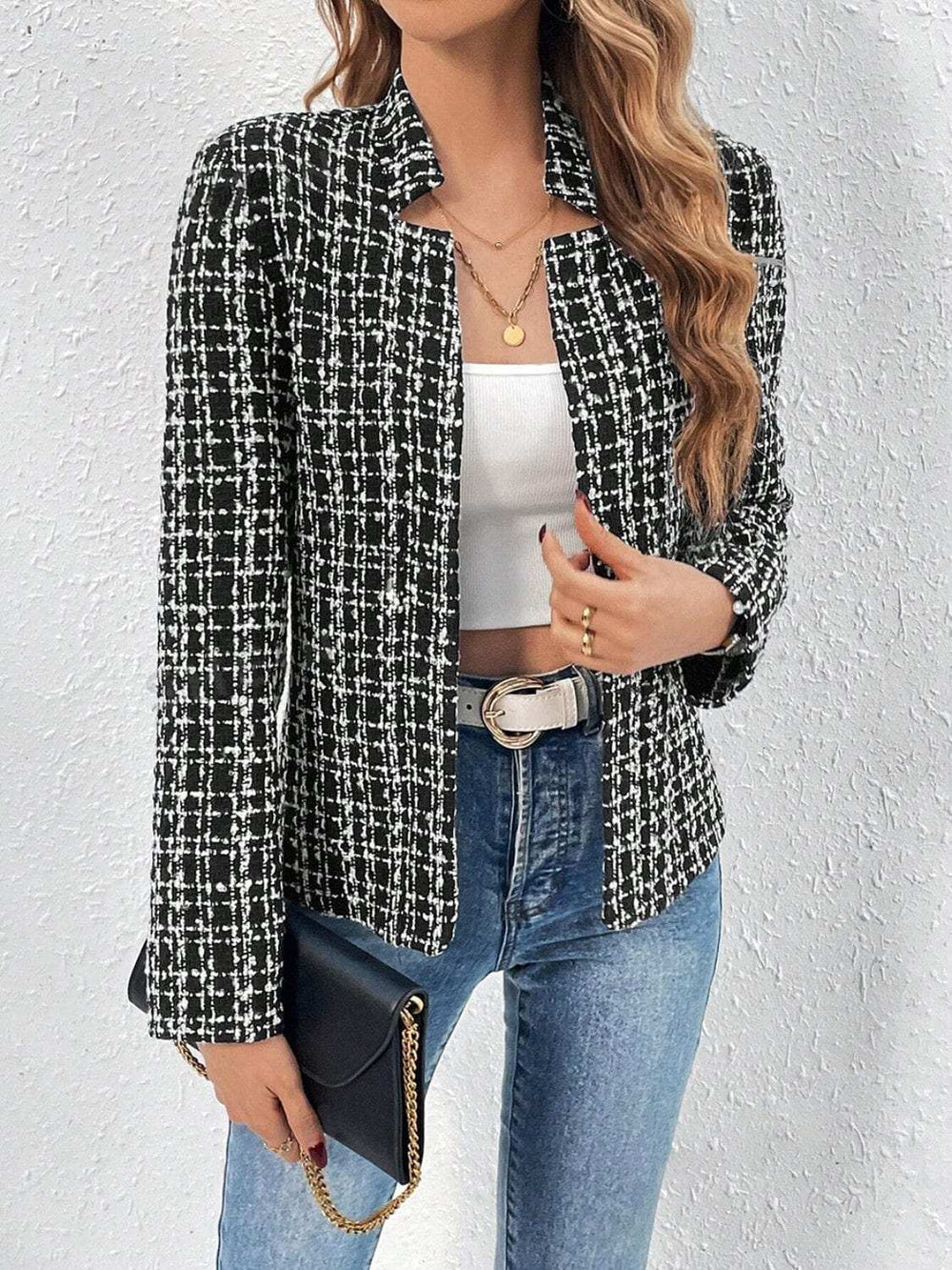 Plaid Open Front Long Sleeve Jacket - Trendsi - Flyclothing LLC