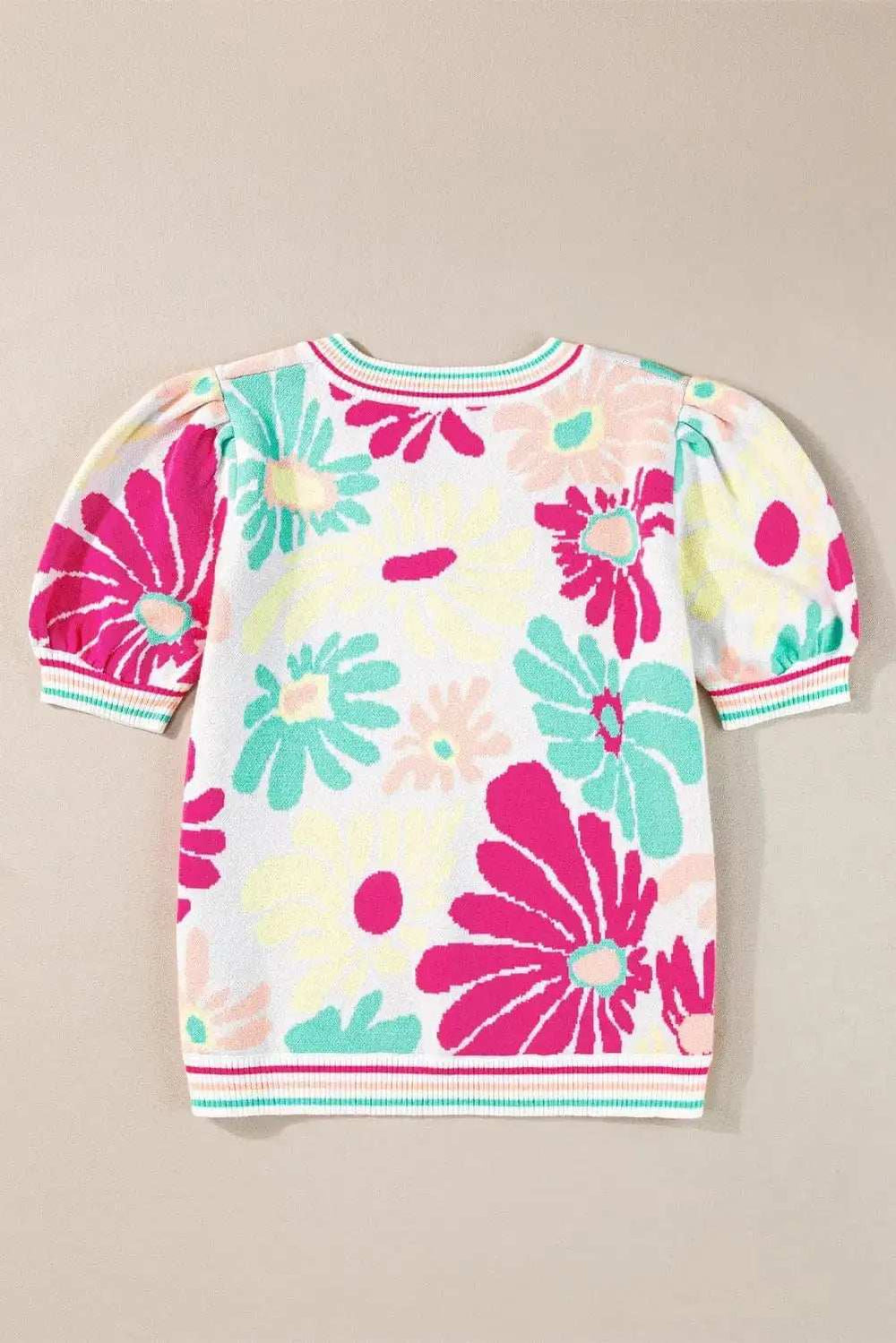 Flower V-Neck Puff Sleeve Sweater - Trendsi - Flyclothing LLC