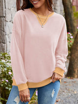 Contrast Round Neck Long Sleeve Sweatshirt - Trendsi - Flyclothing LLC