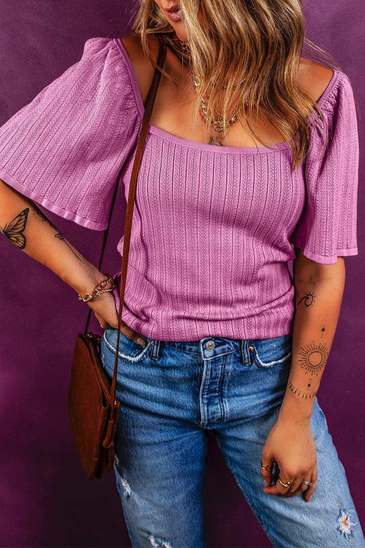 Textured Square Neck Half Sleeve Top - Trendsi - Flyclothing LLC