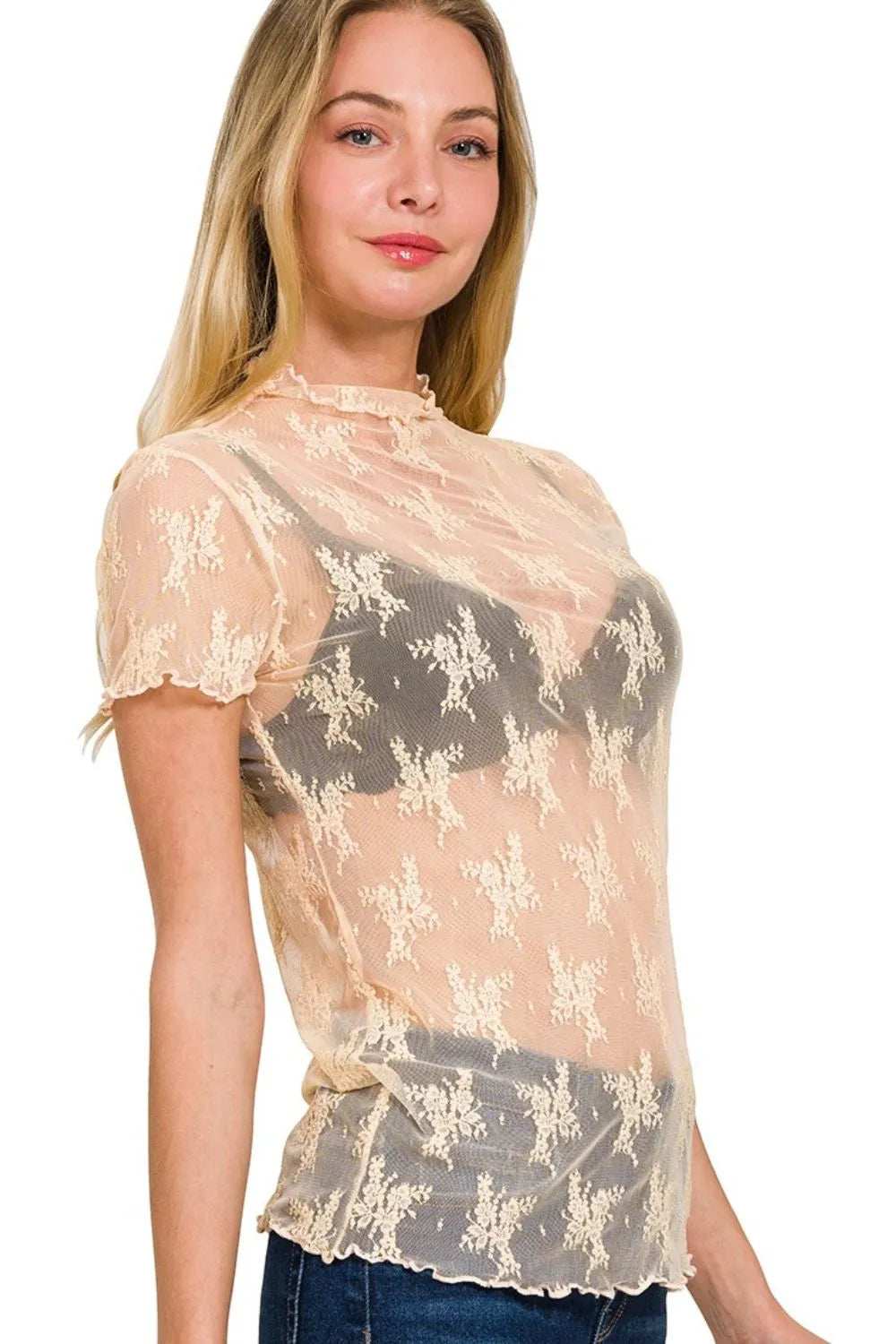 Zenana Lace See-through Layering Short Sleeve Top - Trendsi - Flyclothing LLC