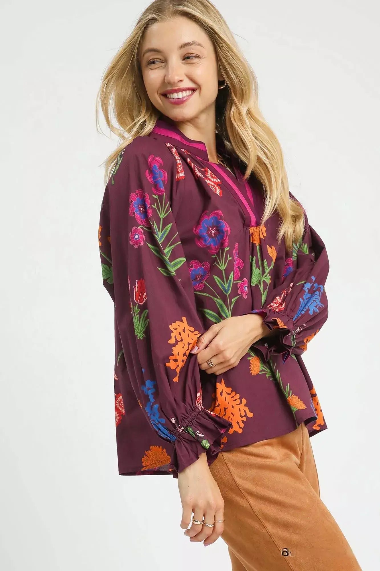 Umgee Floral Print Flounce Sleeve Blouse - Trendsi - Flyclothing LLC