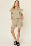 Double Take Full Size Texture Flounce Sleeve Top and Drawstring Shorts Set - Trendsi - Flyclothing LLC