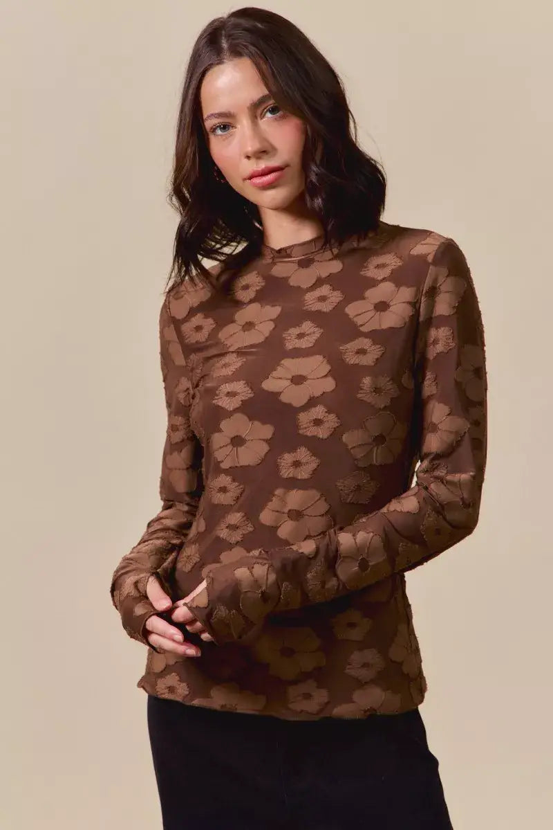 SO ME Stretched Jacquard Casual Tops with Thumb Opening - Trendsi - Flyclothing LLC