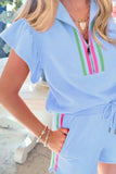 Striped Detail Flutter Sleeve Zipped Collar Top and Short Set - Trendsi - Flyclothing LLC