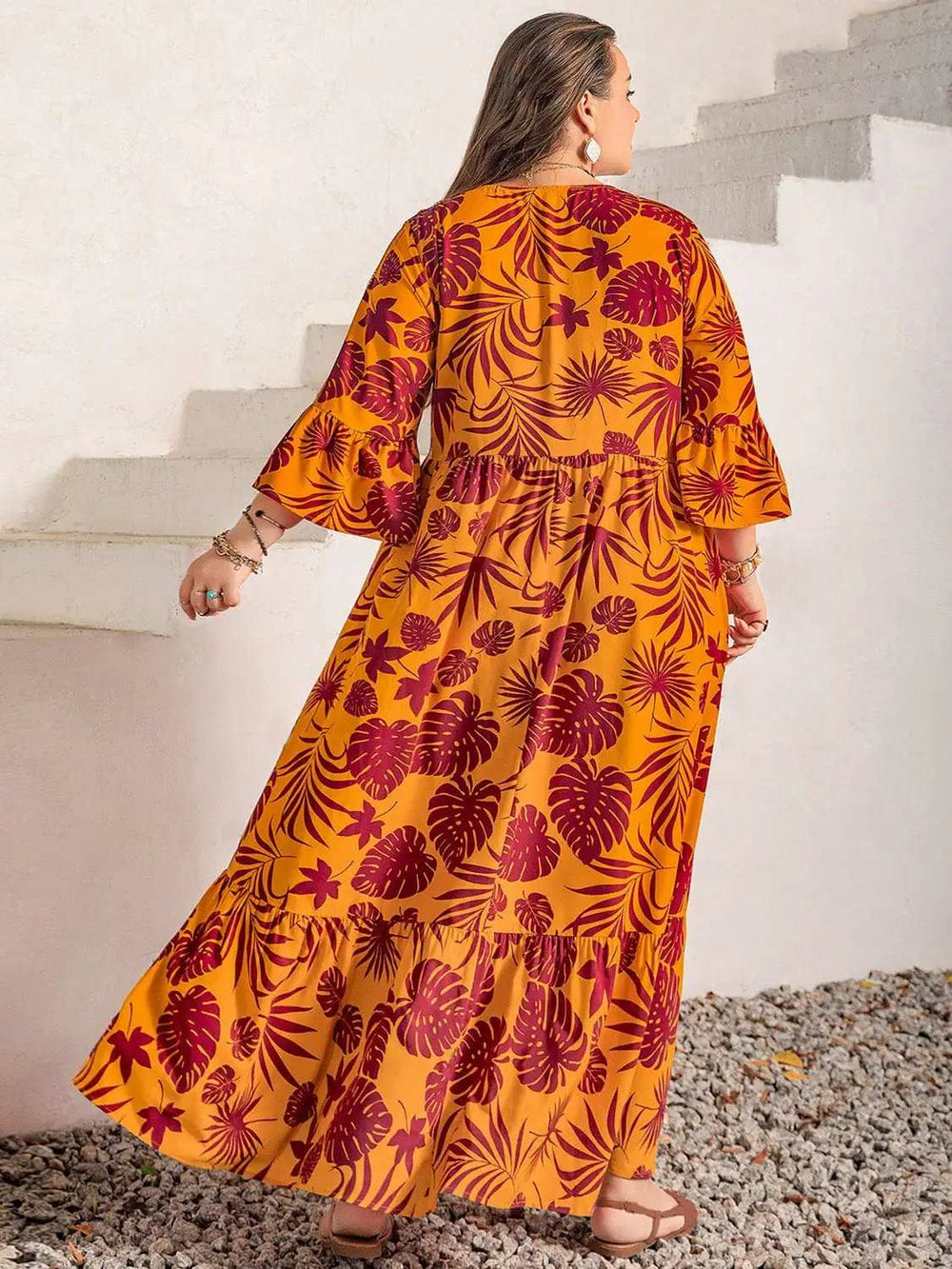 Plus Size Lace Detail Printed V-Neck Maxi Dress - Trendsi - Flyclothing LLC