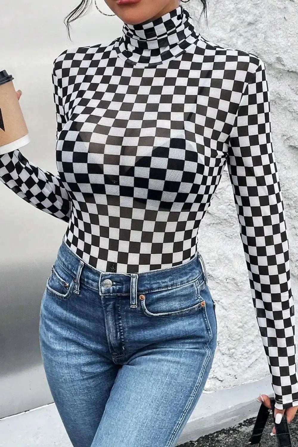 Checkered Turtleneck Long Sleeve Bodysuit - Trendsi - Flyclothing LLC
