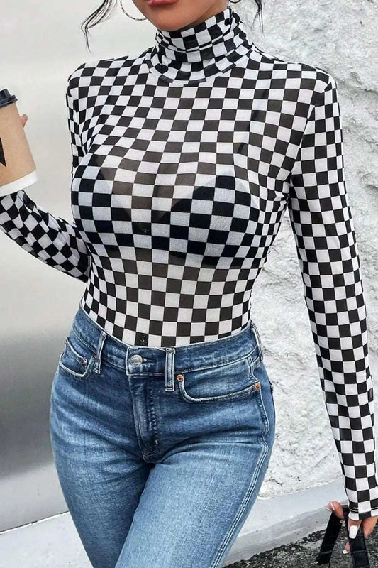 Checkered Turtleneck Long Sleeve Bodysuit - Trendsi - Flyclothing LLC