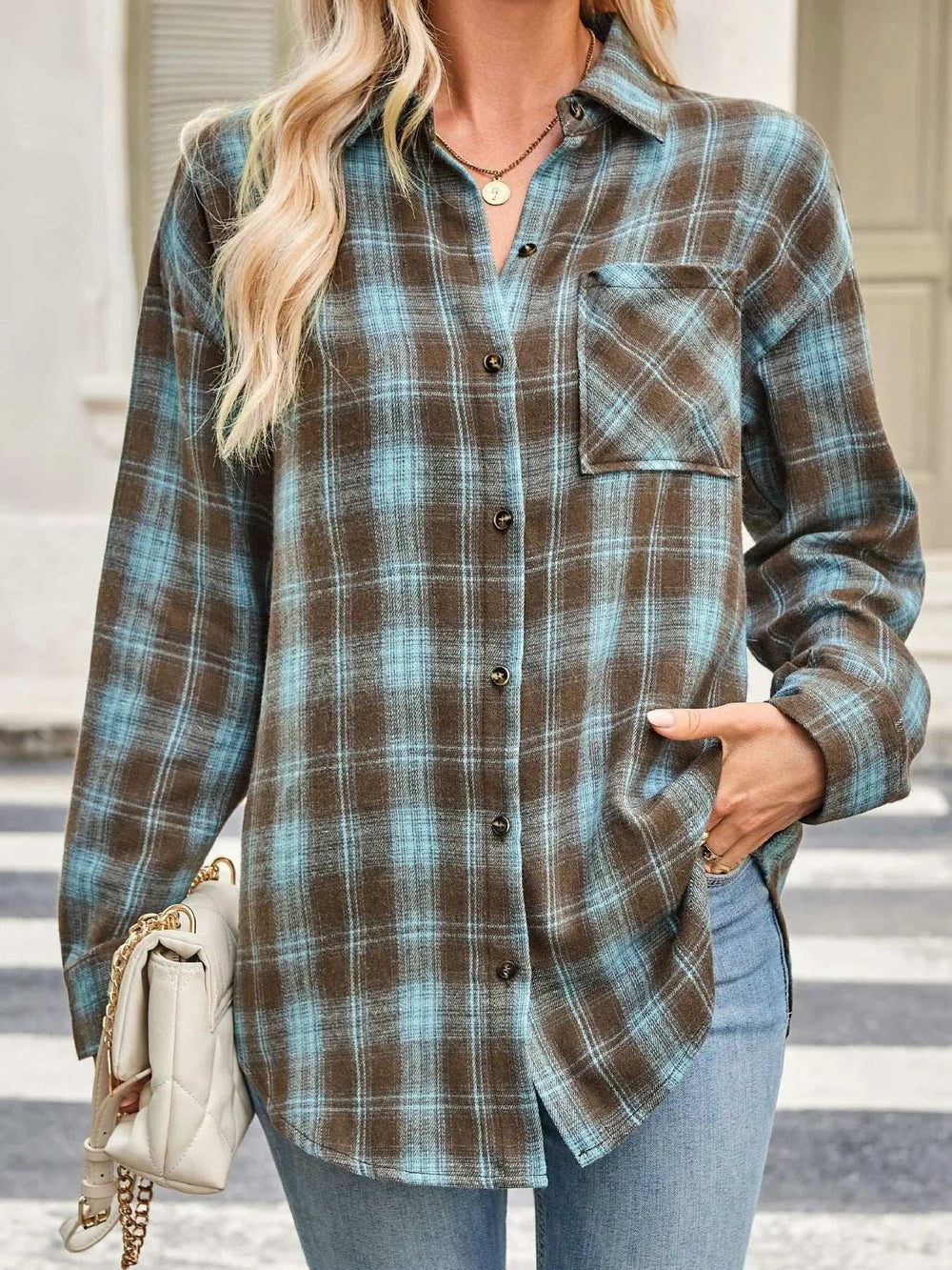 Plaid Button Up Long Sleeve Shirt - Trendsi - Flyclothing LLC