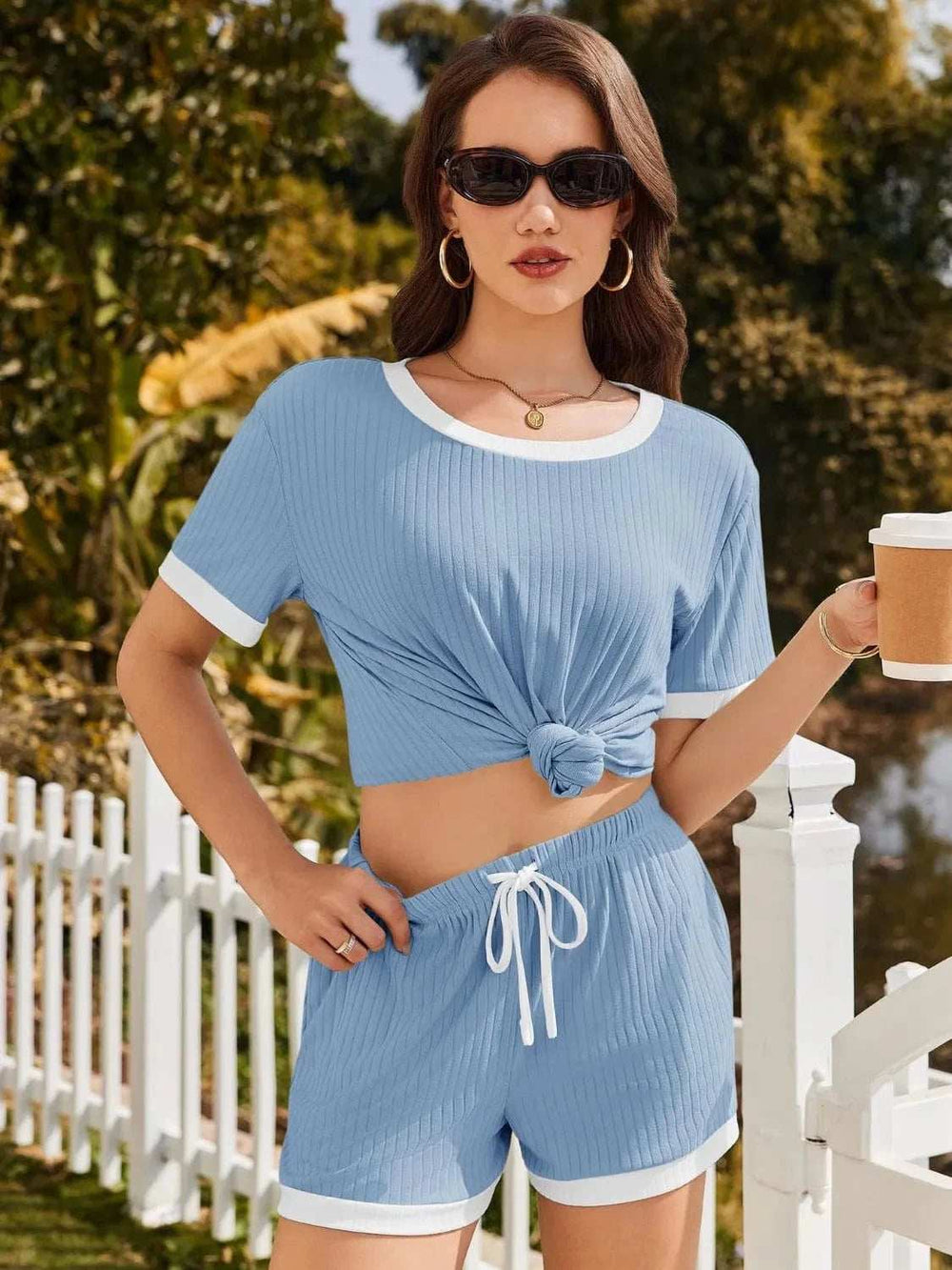 Ribbed Round Neck Top and Shorts Set - Trendsi - Flyclothing LLC
