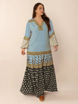 Plus Size Printed V-Neck Balloon Sleeve Maxi Dress - Trendsi - Flyclothing LLC