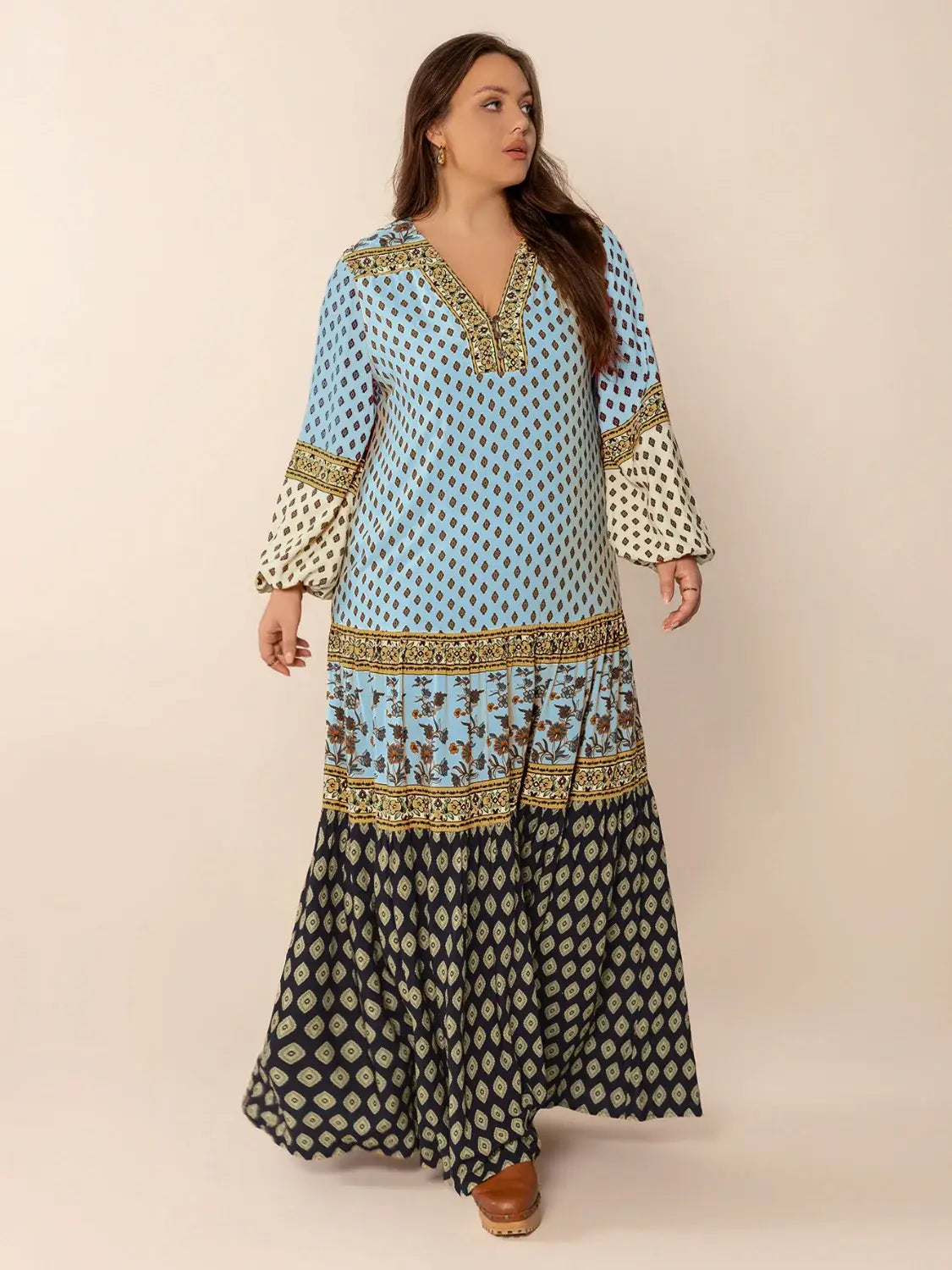 Plus Size Printed V-Neck Balloon Sleeve Maxi Dress - Trendsi - Flyclothing LLC