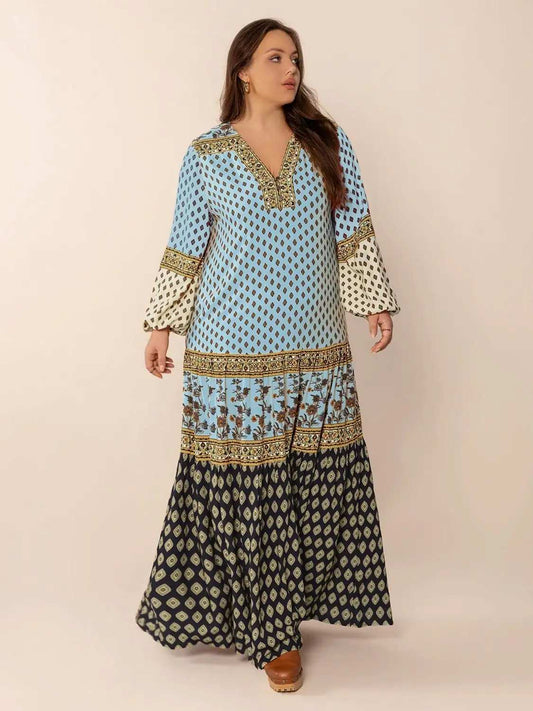 Plus Size Printed V-Neck Balloon Sleeve Maxi Dress - Trendsi - Flyclothing LLC