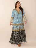 Plus Size Printed V-Neck Balloon Sleeve Maxi Dress - Trendsi