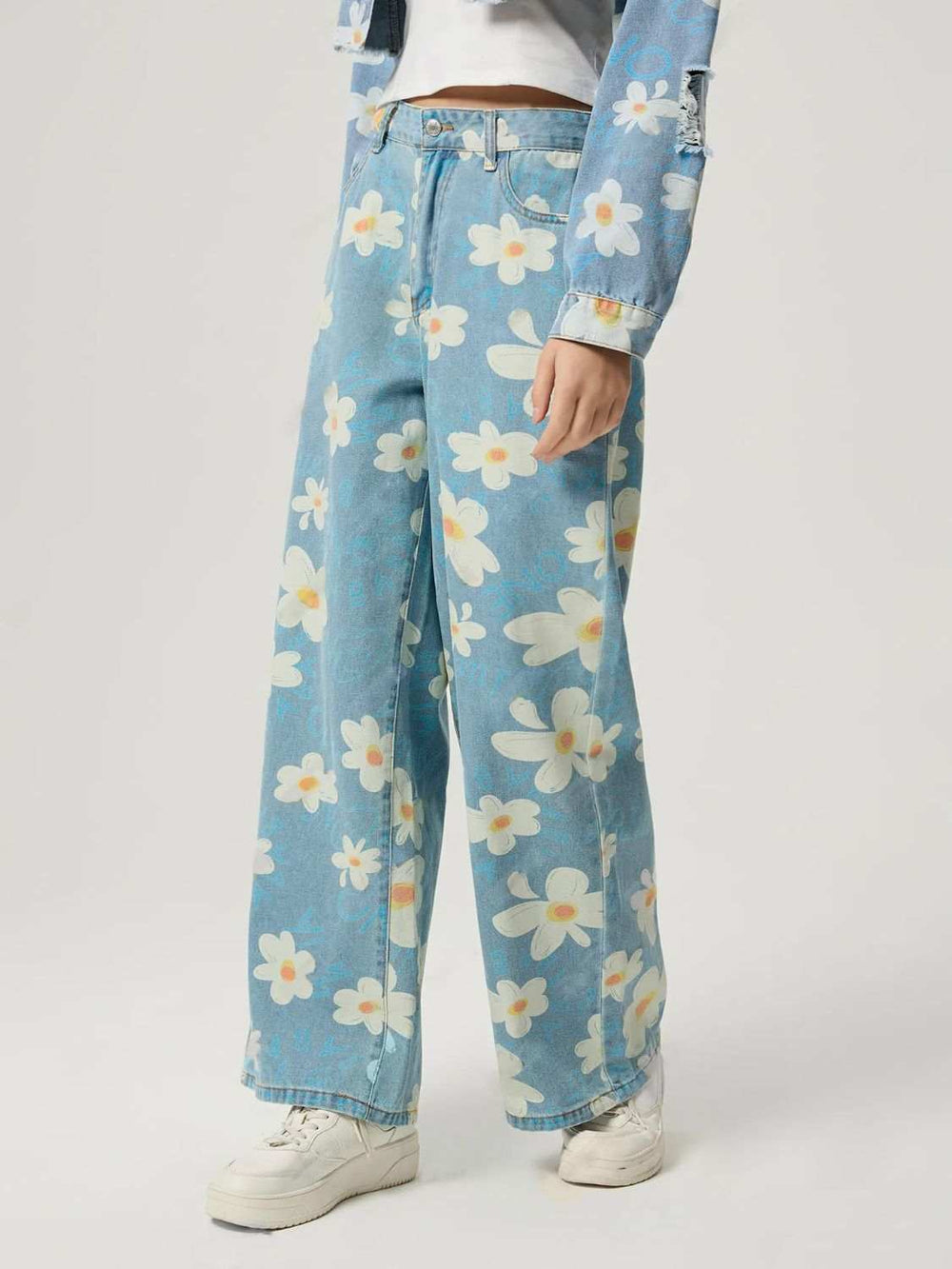 Pocketed Floral Wide Leg Jeans - Trendsi - Flyclothing LLC