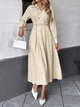 Pleated Button Detail Long Sleeve Shirt Dress - Trendsi - Flyclothing LLC