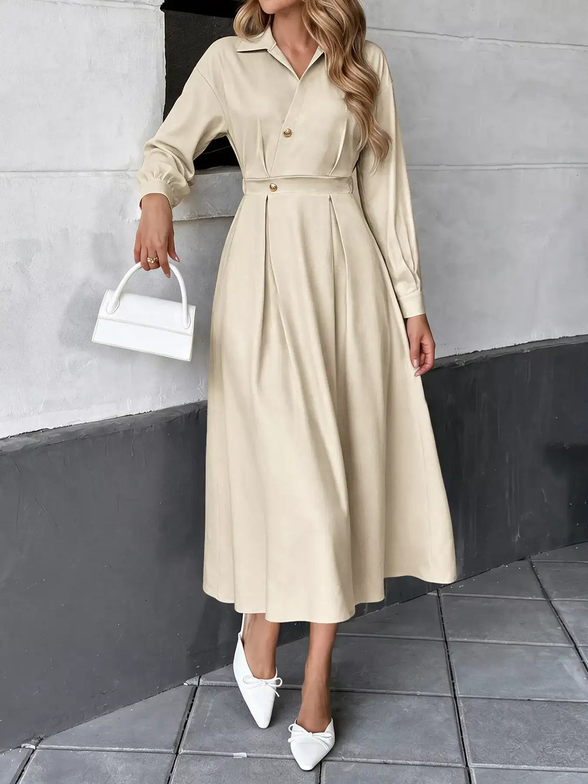 Pleated Button Detail Long Sleeve Shirt Dress - Trendsi - Flyclothing LLC
