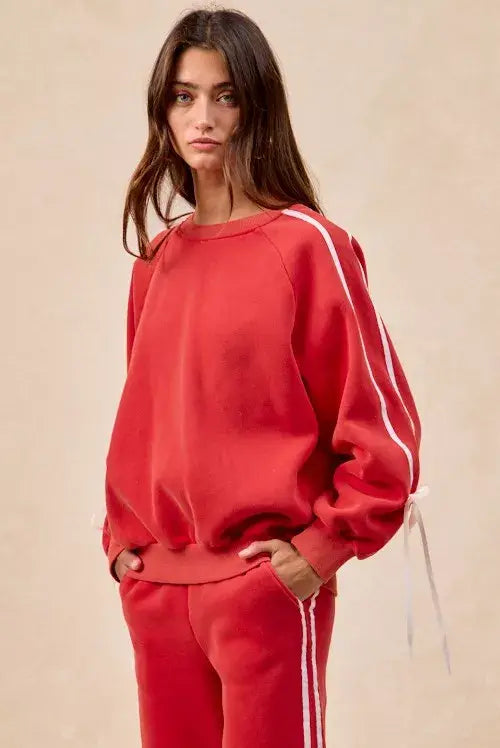 BiBi Side Lined Bow Details Fleece Sweatshirt - Trendsi - Flyclothing LLC